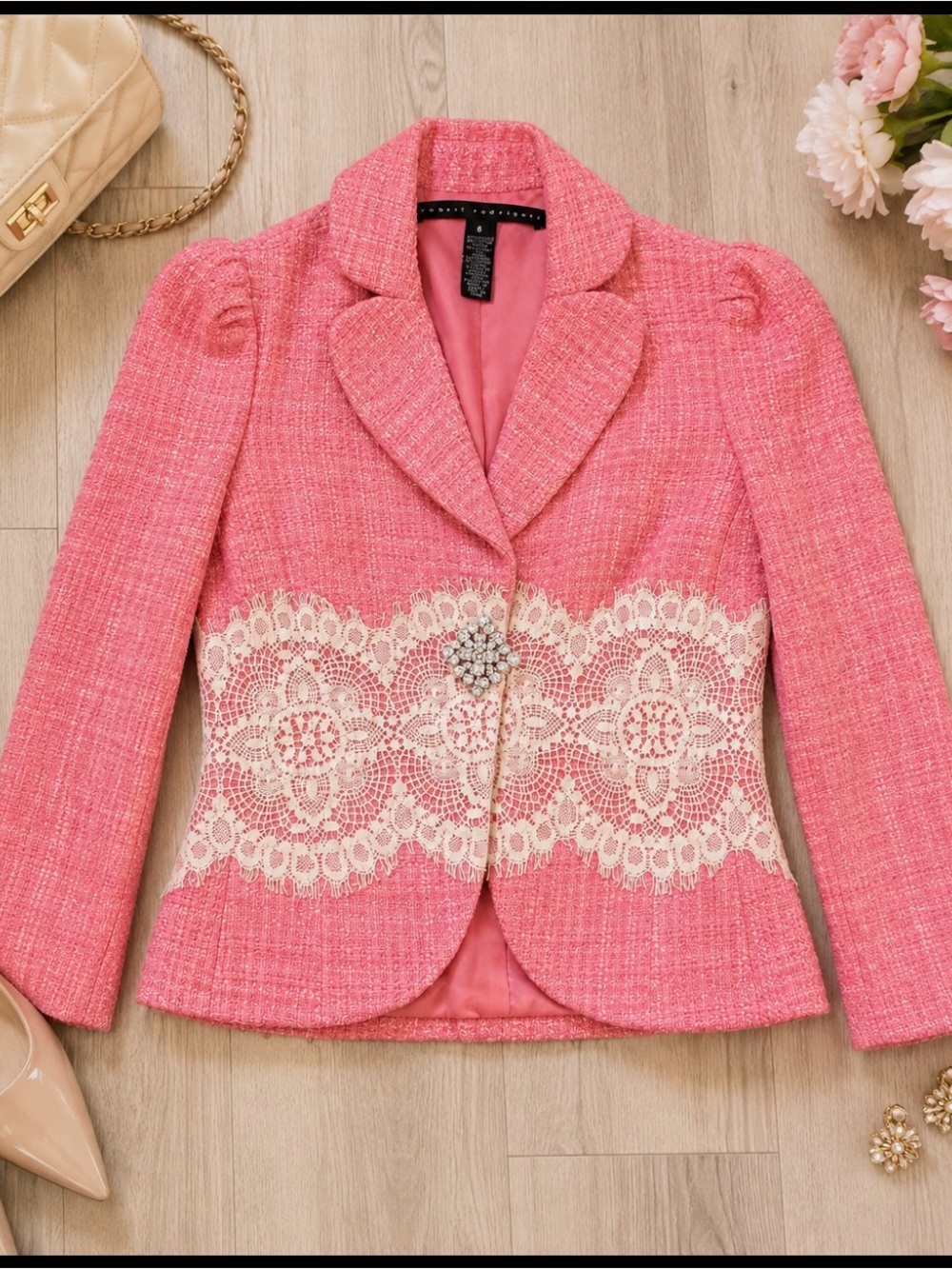 Robert Rodriguez Pink Tweed Lace Rhinestone Blazer Jacket Size 6 - Picture 3 of 8